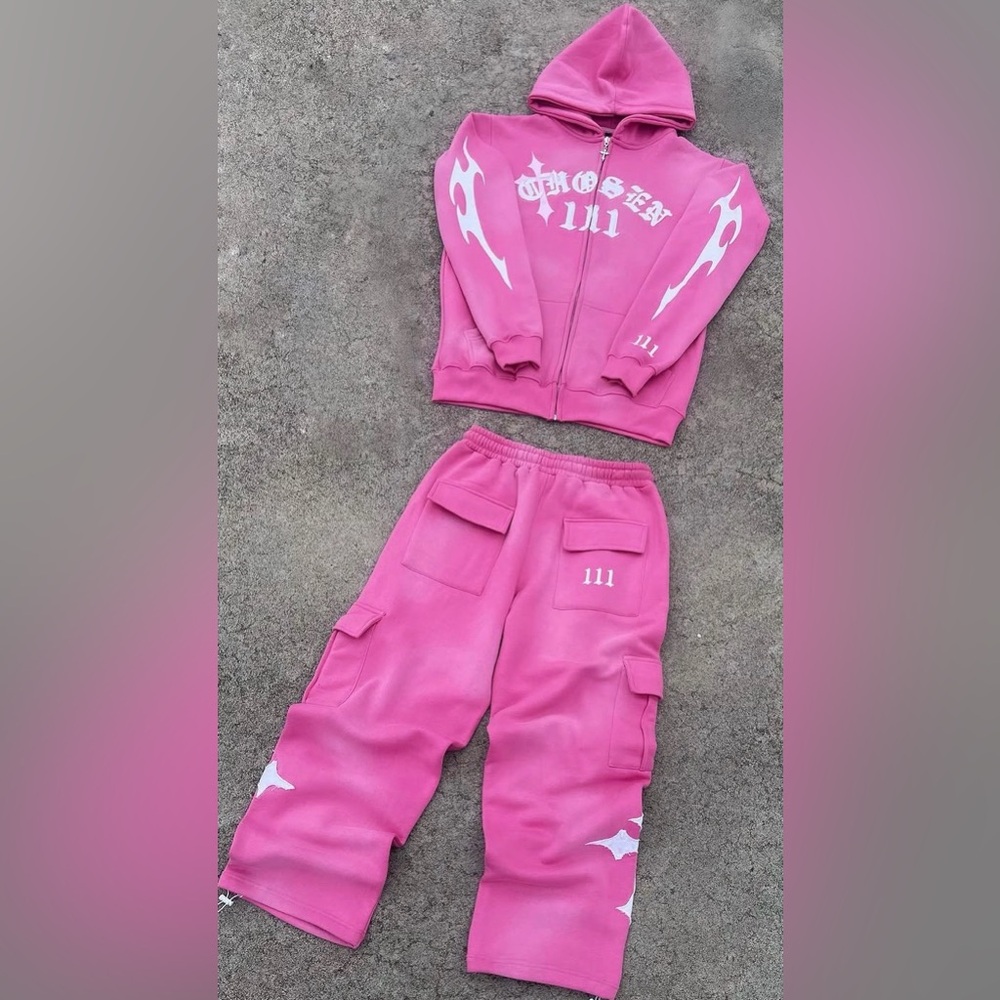 BRAND NEW Chosen 1111 Pink Graphic Zip Hoodie & Cargo Pants Set Size L